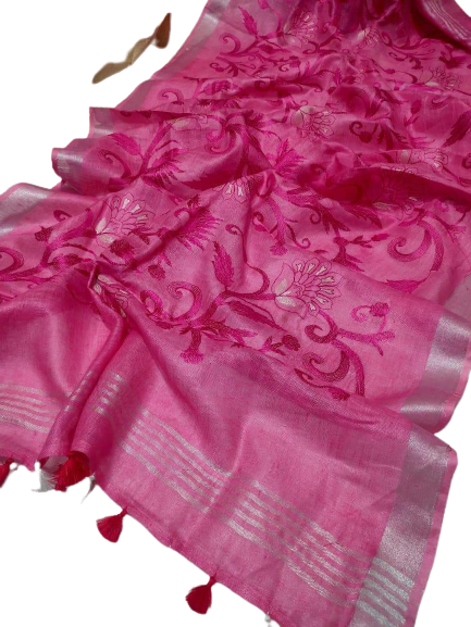 Pure silk linen embroidery saree SILK ZONE