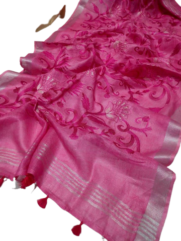 Pure silk linen embroidery saree SILK ZONE