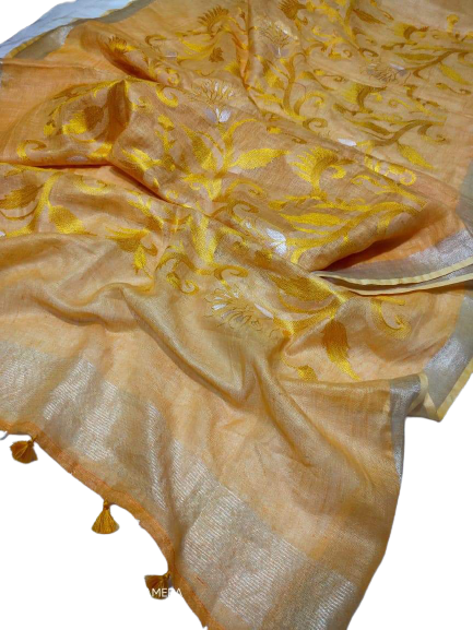 Pure silk linen embroidery saree SILK ZONE