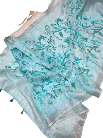 Pure silk linen embroidery saree SILK ZONE