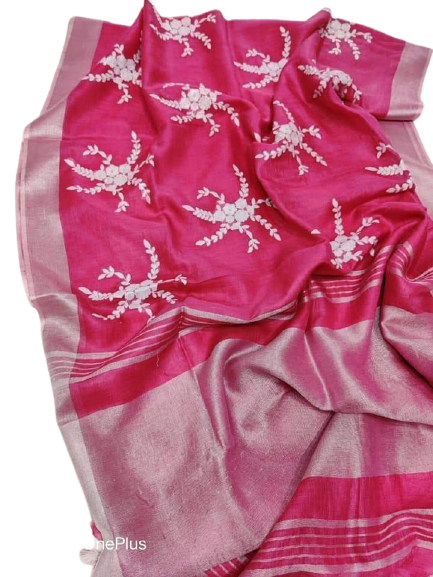 Pure silk linen embroidery saree SILK ZONE