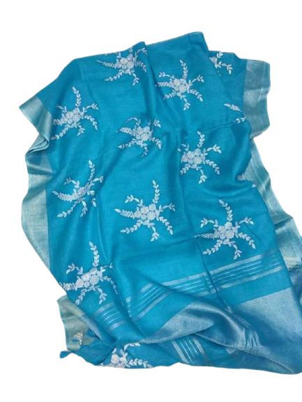 Pure silk linen embroidery saree SILK ZONE