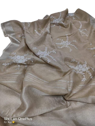 Pure silk linen embroidery saree SILK ZONE