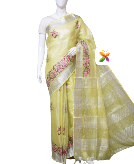 Pure Linen Tissue Saree With Embroidery SILK ZONE