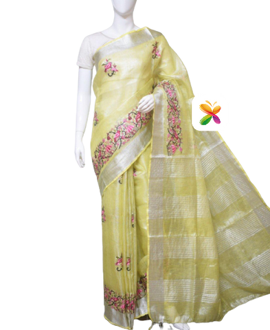 Pure Linen Tissue Saree With Embroidery SILK ZONE