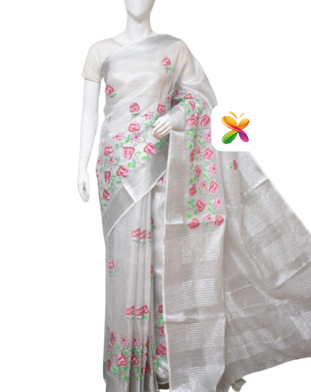 Pure Linen Tissue Saree With Embroidery SILK ZONE