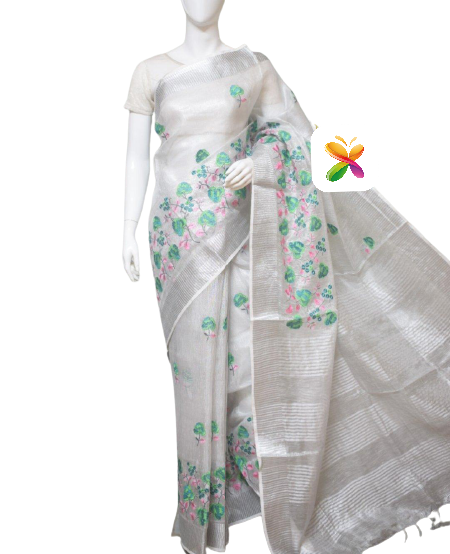 Pure Linen Tissue Saree With Embroidery SILK ZONE