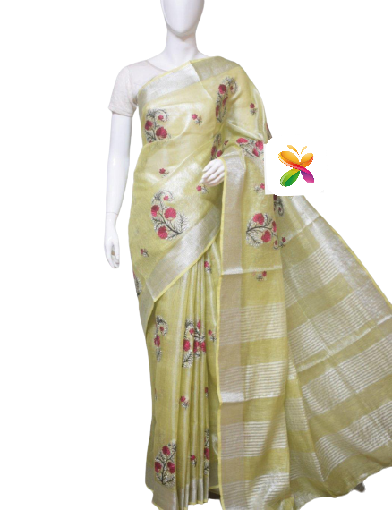 Pure Linen Tissue Saree With Embroidery SILK ZONE