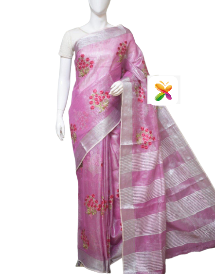 Pure Linen Tissue Sarew With Embroidery SILK ZONE