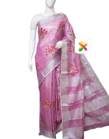 Pure Linen Tissue Sarew With Embroidery SILK ZONE