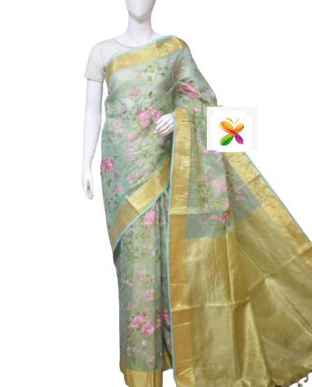 Pure Linen Tissue Saree With Embroidery SILK ZONE