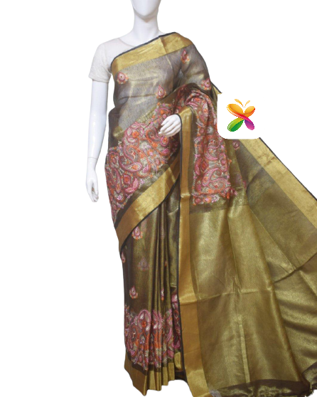 Pure Linen Tissue Saree With Embroidery SILK ZONE