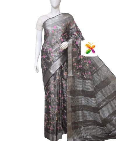 Pure Linen Tissue Saree With Embroidery SILK ZONE