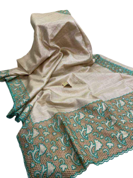 Pure tussar cutwork design embroidery silk saree SILK ZONE