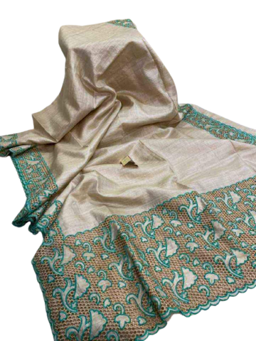 Pure tussar cutwork design embroidery silk saree SILK ZONE