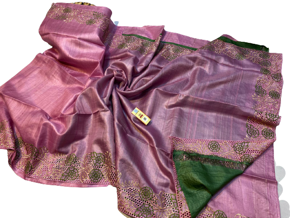 Pure tussar cutwork design embroidery silk saree SILK ZONE