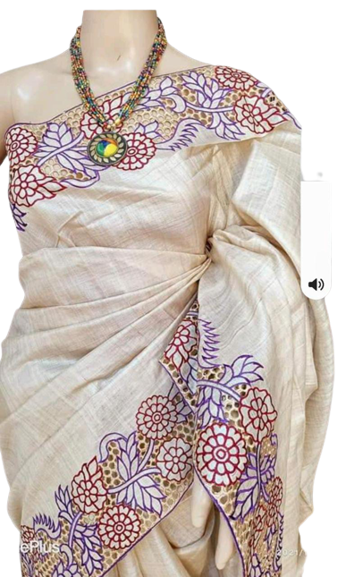 Pure tussar cutwork design embroidery silk saree SILK ZONE