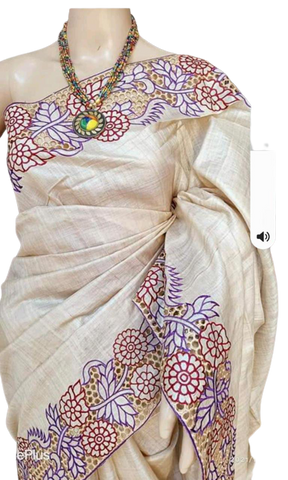 Pure tussar cutwork design embroidery silk saree SILK ZONE