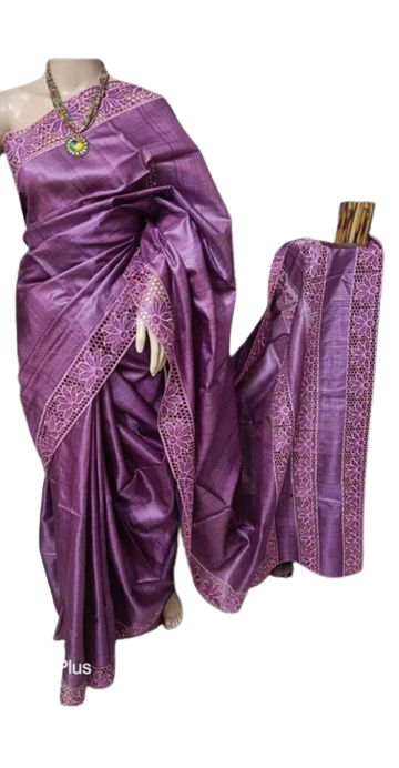 Pure tussar cutwork design embroidery silk saree SILK ZONE