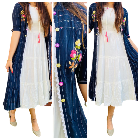 Peach with Blue Denim Floral Print Overcoat Styled Short Frock For Gir –  Seasons Chennai