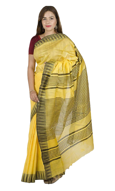 Cotton Art silk black Temple border yellow saree with black yellow lining blouse INDIA SILK P.W.C.S. LTD