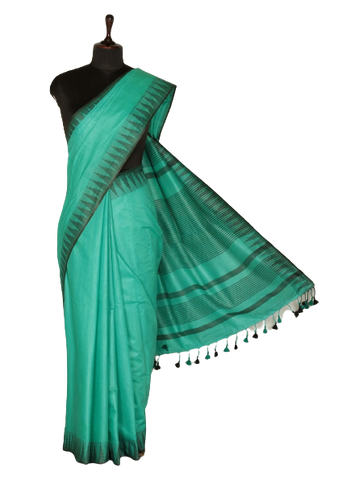 Cotton Art silk black Temple border Rama Green saree with black Rama Green lining blouse INDIA SILK P.W.C.S. LTD