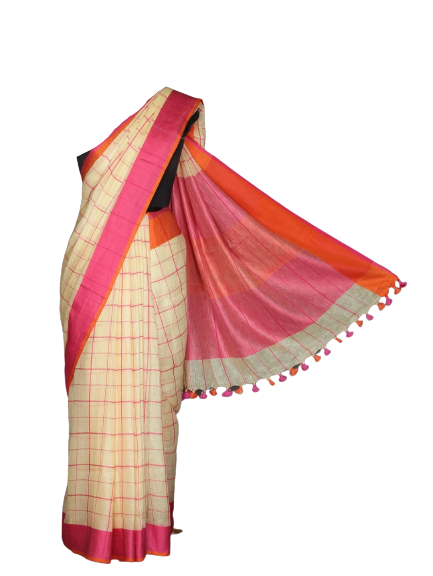 Linen slub cream check saree with orange blouse INDIA SILK P.W.C.S. LTD