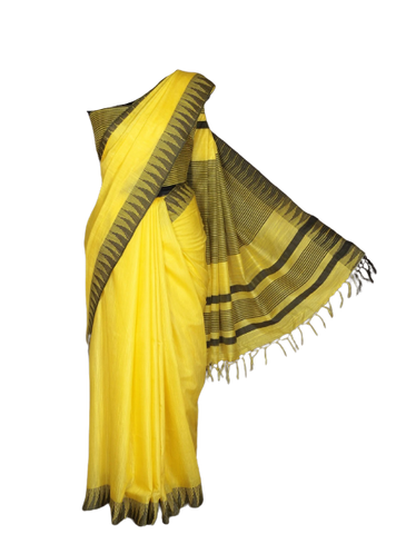 Cotton Art silk black Temple border yellow saree with black yellow lining blouse INDIA SILK P.W.C.S. LTD